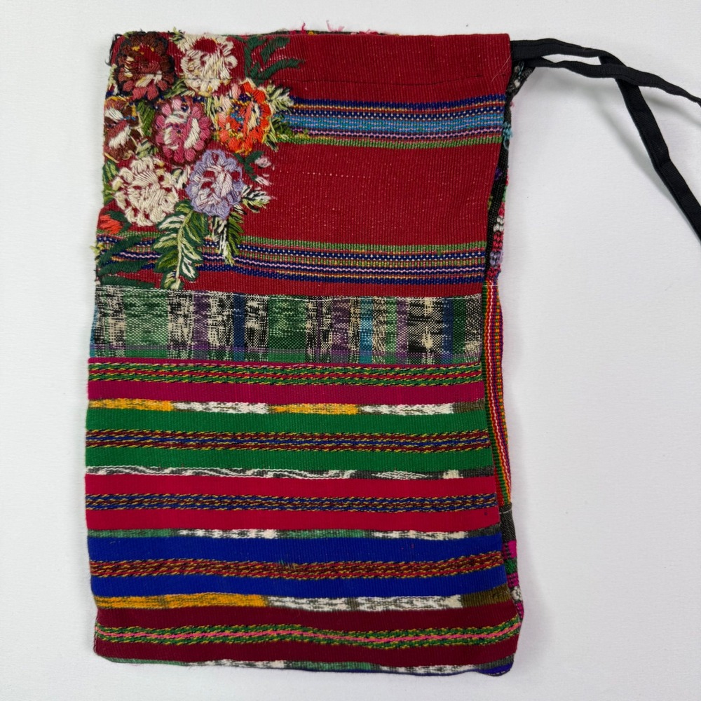 Vintage Huipil Textile Drawstring Pouch Floral Embroidered Boho Bag Multi Color
